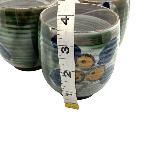 Asian Tea Cups Set Of Three Vintage Gray Green Blue Ceramic Round Sticker Marked - Picture 10 of 16